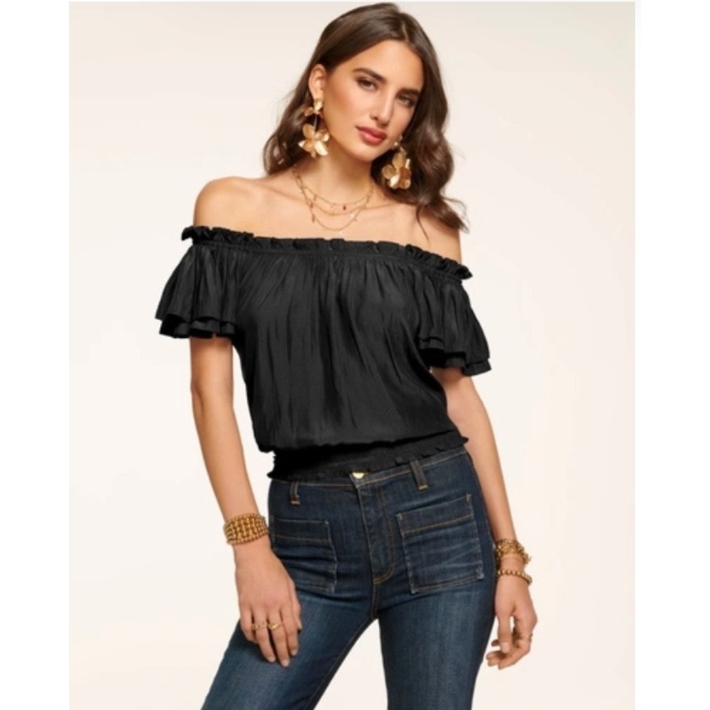 Ramy Brook Cressida Off The Shoulder Ruffle Sleeve Smocked Hem Top in Black XL